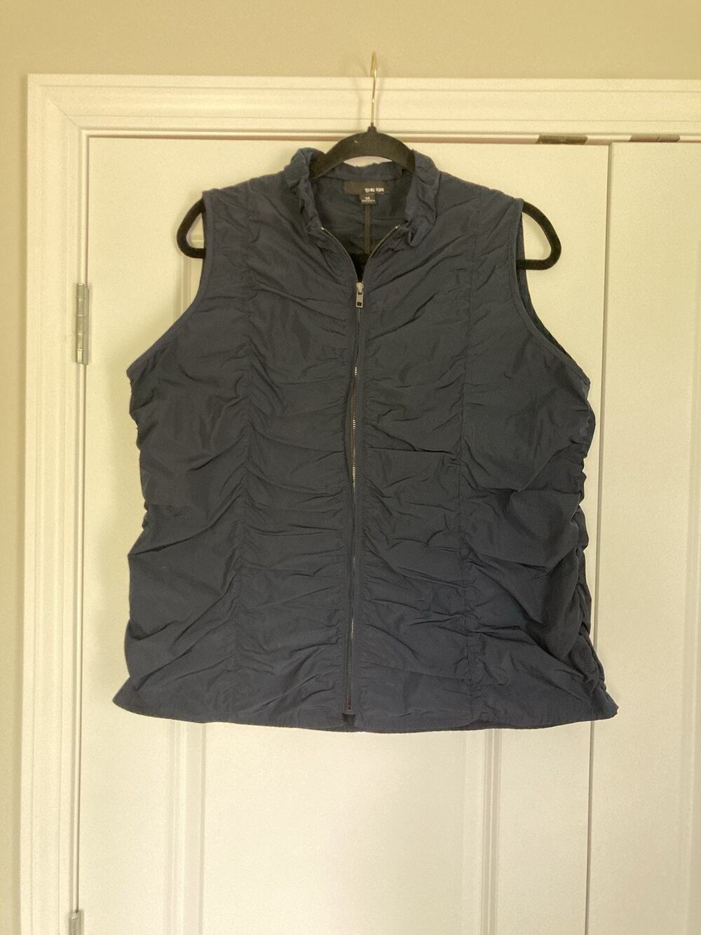 Sun Kim Ruched Lagenlook Zip Vest Navy Jacket Ruffle Collar Size M Made USA